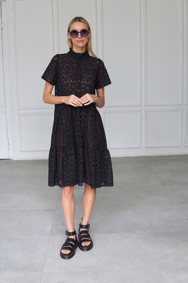 BLACK EMBROIDERED COTTON SHIRT DRESS