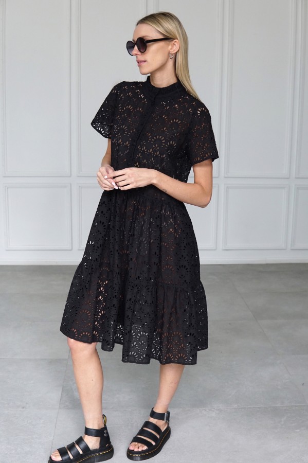 BLACK EMBROIDERED COTTON SHIRT DRESS