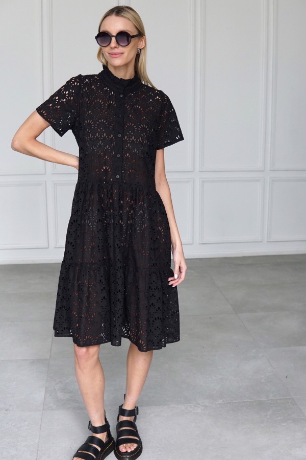 BLACK EMBROIDERED COTTON SHIRT DRESS