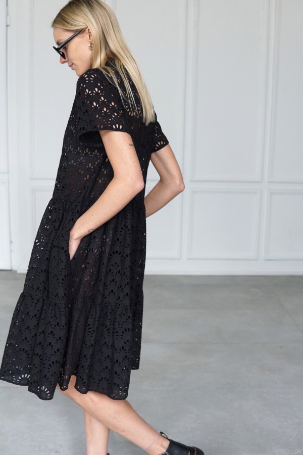 BLACK EMBROIDERED COTTON SHIRT DRESS