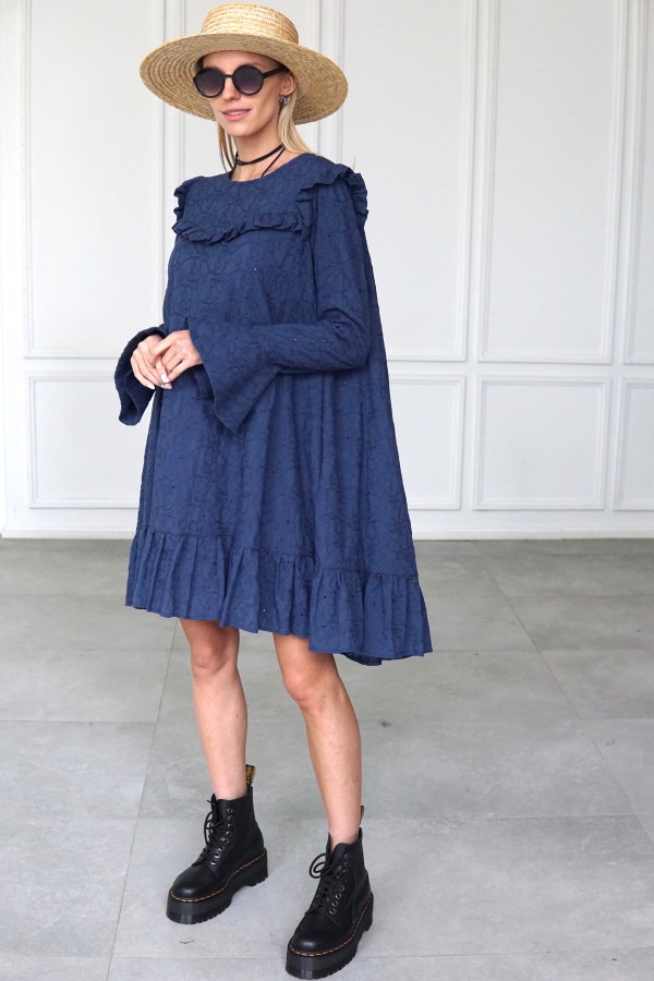 BLUE EMBROIDERED COTTON DRESS WITH LONG SLEEVES