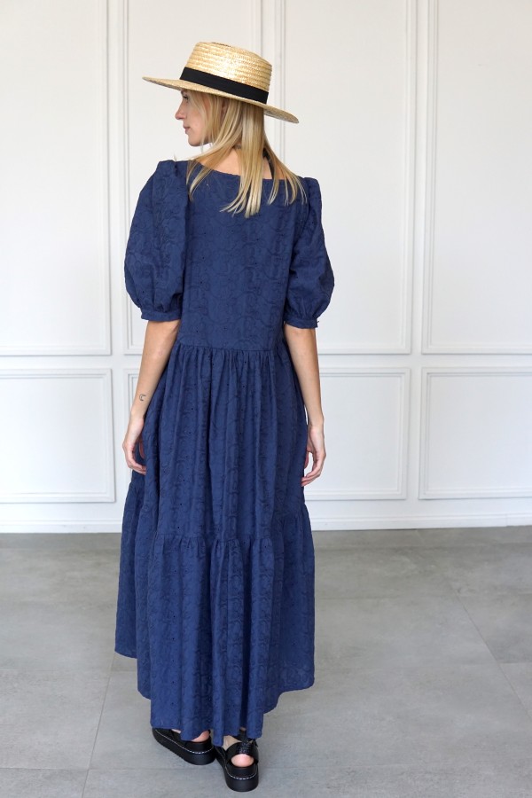 BLUE EMBROIDERED DRESS WITH RUFFLE AT THE WAISTLINE