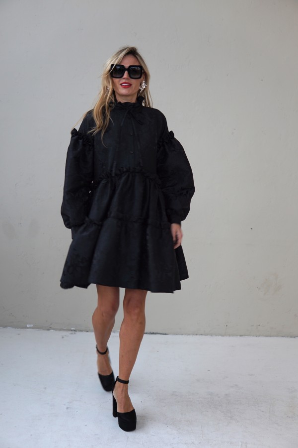 Black Jacquard Designer Dress – Luxury Puff Sleeve Knee Length Dress, Contemporary Slow Fashion Piece, Handmade in Europe