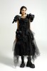Black Wool Designer Dress – Avant Garde Midi Dress with Tulle & Taffeta Ruffles, Luxury Slow Fashion Piece, Handmade in Europe