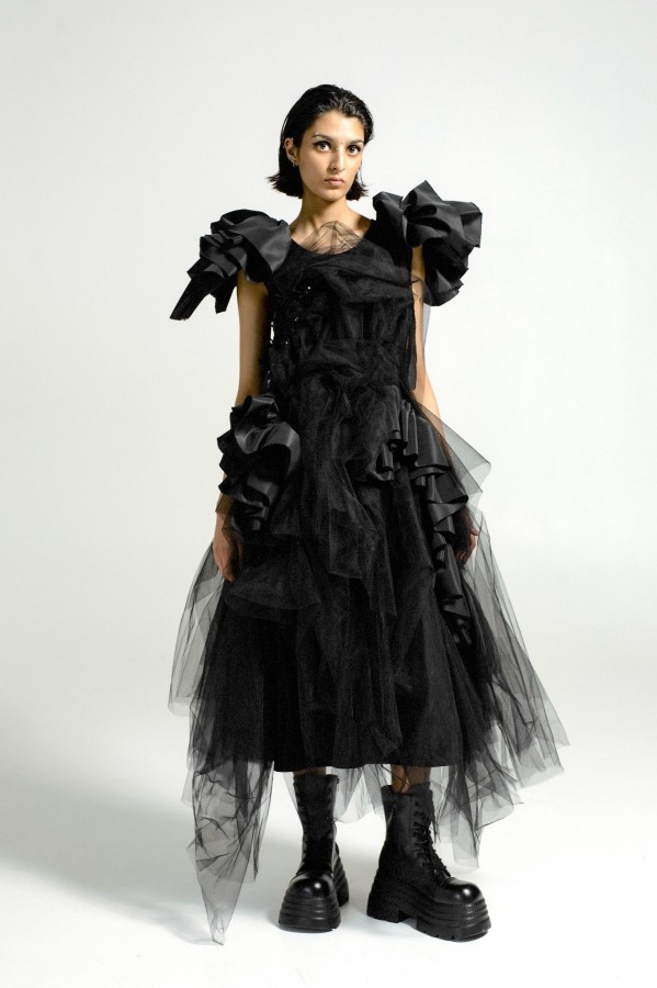 Black Wool Designer Dress – Avant Garde Midi Dress with Tulle & Taffeta Ruffles, Luxury Slow Fashion Piece, Handmade in Europe