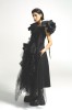 Black Wool Designer Dress – Avant Garde Midi Dress with Tulle & Taffeta Ruffles, Luxury Slow Fashion Piece, Handmade in Europe