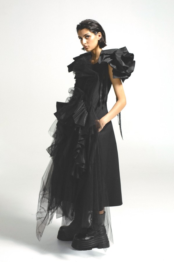 Black Wool Designer Dress – Avant Garde Midi Dress with Tulle & Taffeta Ruffles, Luxury Slow Fashion Piece, Handmade in Europe