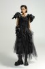 Black Wool Designer Dress – Avant Garde Midi Dress with Tulle & Taffeta Ruffles, Luxury Slow Fashion Piece, Handmade in Europe