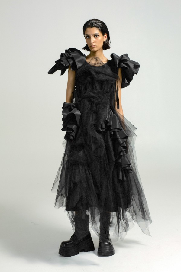 Black Wool Designer Dress – Avant Garde Midi Dress with Tulle & Taffeta Ruffles, Luxury Slow Fashion Piece, Handmade in Europe