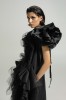 Black Wool Designer Dress – Avant Garde Midi Dress with Tulle & Taffeta Ruffles, Luxury Slow Fashion Piece, Handmade in Europe