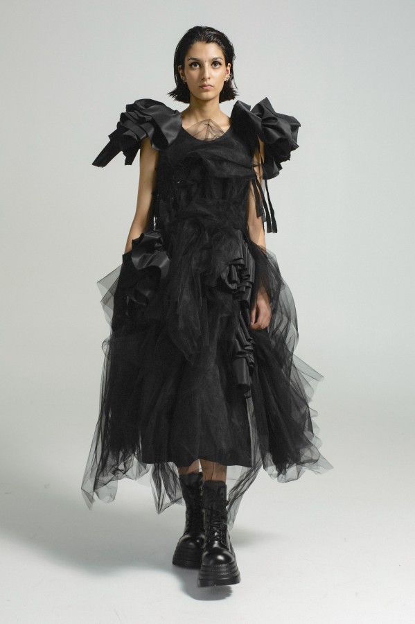 Black Wool Designer Dress – Avant Garde Midi Dress with Tulle & Taffeta Ruffles, Luxury Slow Fashion Piece, Handmade in Europe
