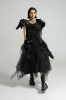 Black Wool Designer Dress – Avant Garde Midi Dress with Tulle & Taffeta Ruffles, Luxury Slow Fashion Piece, Handmade in Europe