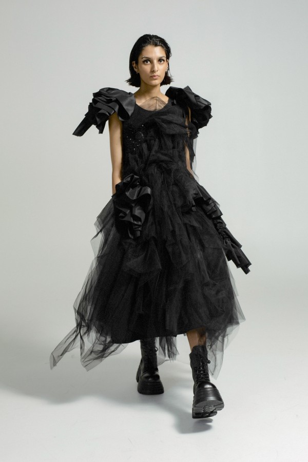 Black Wool Designer Dress – Avant Garde Midi Dress with Tulle & Taffeta Ruffles, Luxury Slow Fashion Piece, Handmade in Europe