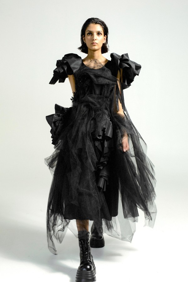 Black Wool Designer Dress – Avant Garde Midi Dress with Tulle & Taffeta Ruffles, Luxury Slow Fashion Piece, Handmade in Europe