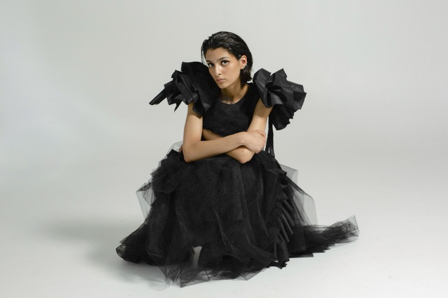 Black Wool Designer Dress – Avant Garde Midi Dress with Tulle & Taffeta Ruffles, Luxury Slow Fashion Piece, Handmade in Europe