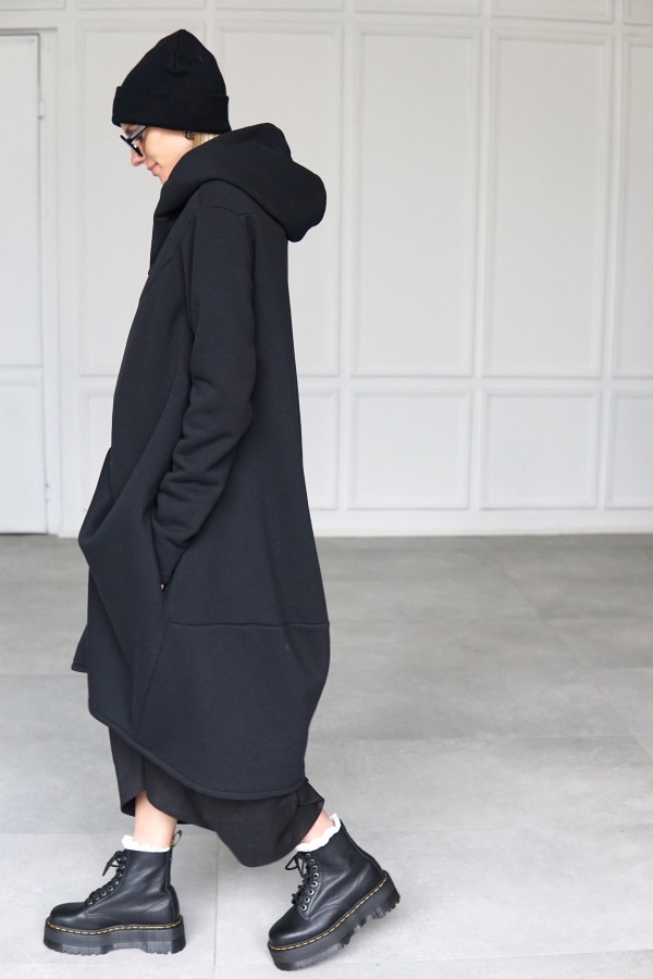 Black fleece long oversized hoodie with zipper