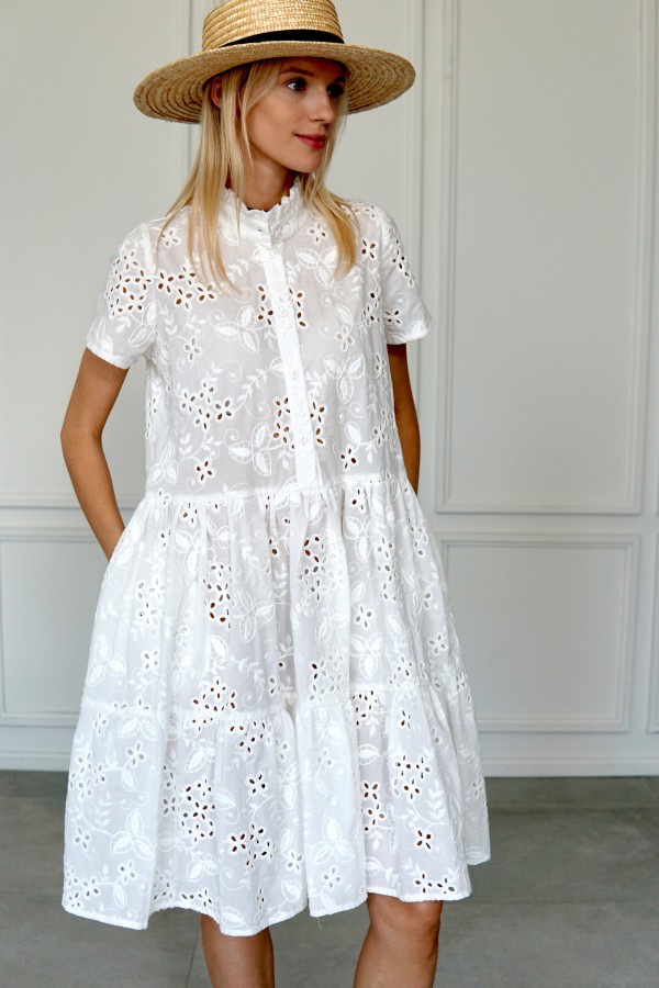 WHITE EMBROIDERED SHIRT DRESS