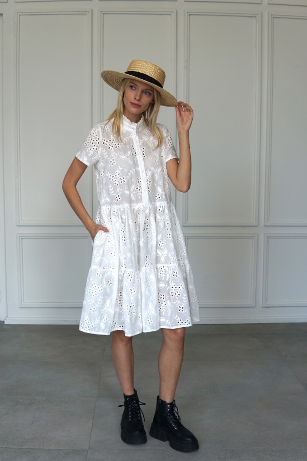 WHITE EMBROIDERED SHIRT DRESS