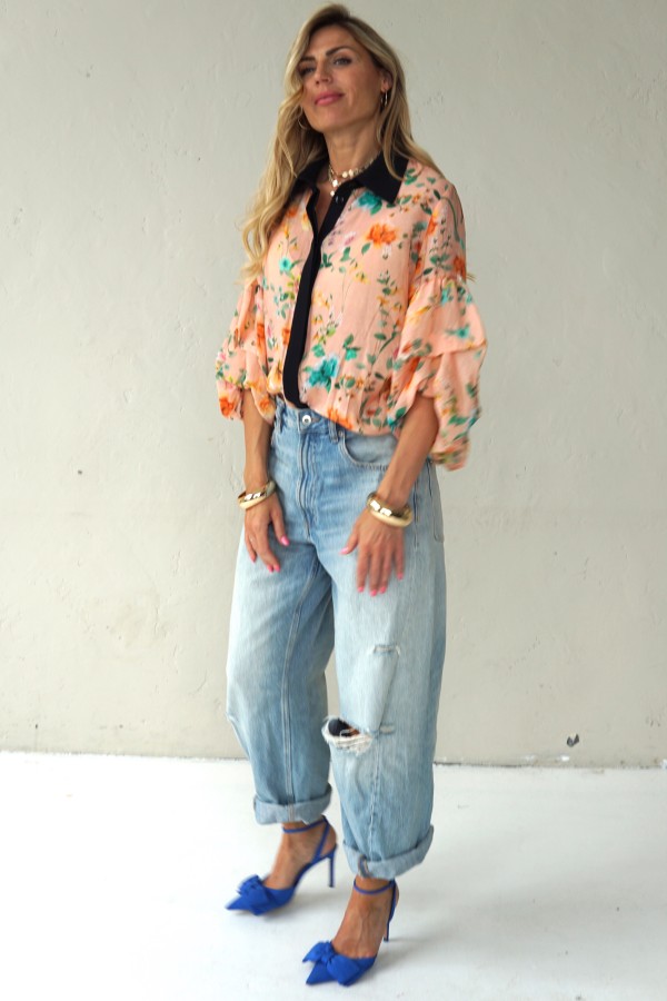 Peach floral shirt with black collar