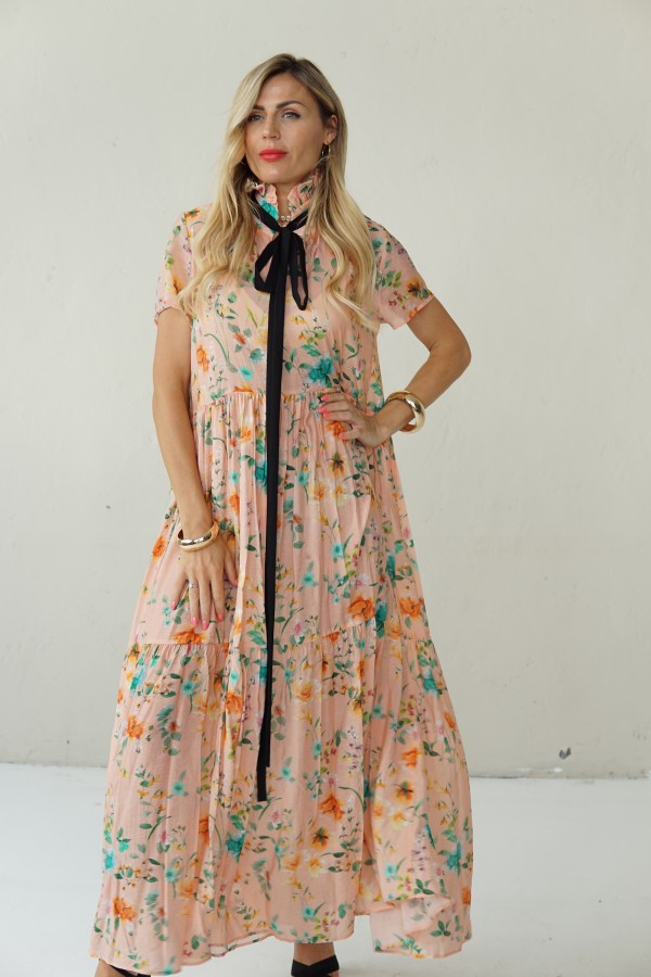 LONG FLOWING FLORAL DRESS WITH BLACK RIBBON