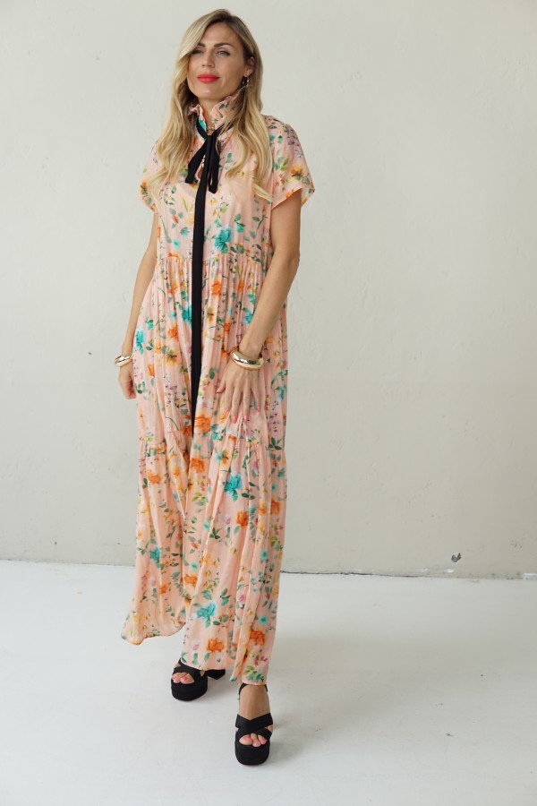 LONG FLOWING FLORAL DRESS WITH BLACK RIBBON