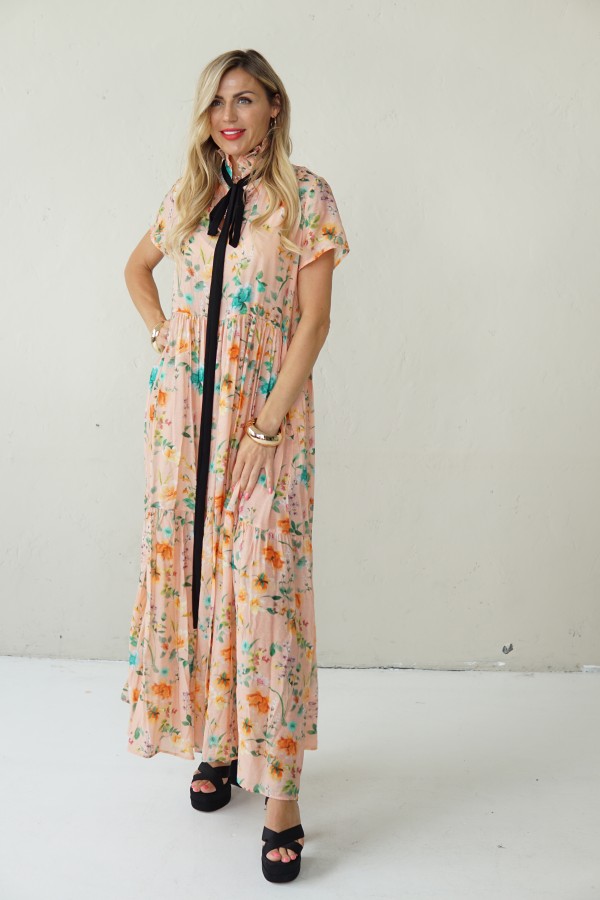LONG FLOWING FLORAL DRESS WITH BLACK RIBBON