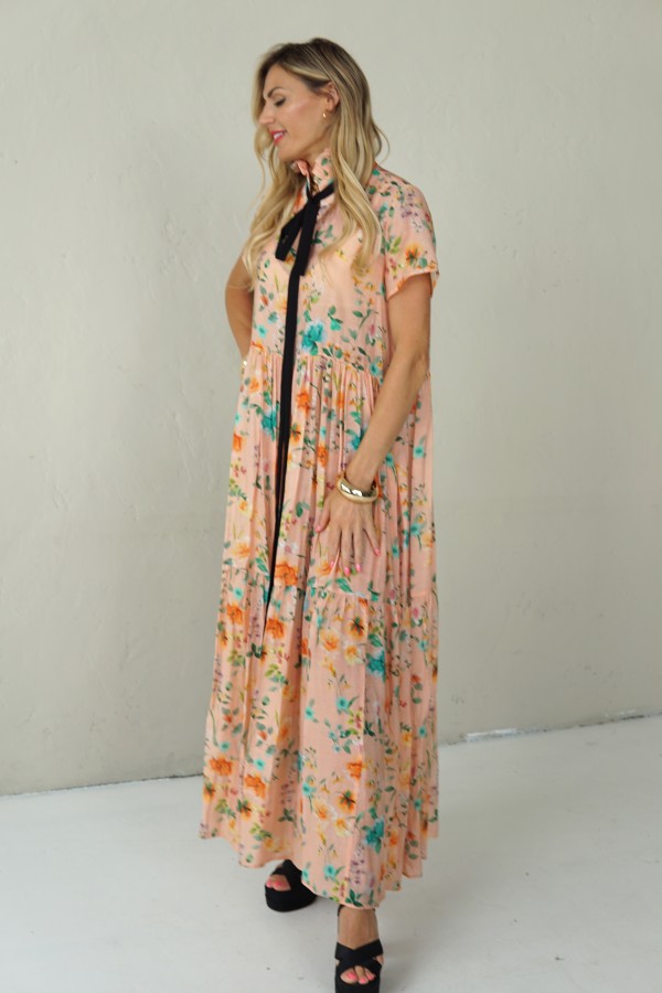 LONG FLOWING FLORAL DRESS WITH BLACK RIBBON