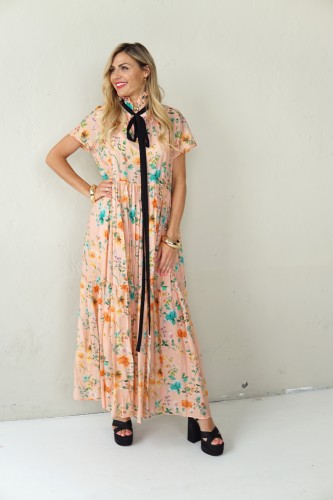 LONG FLOWING FLORAL DRESS WITH BLACK RIBBON