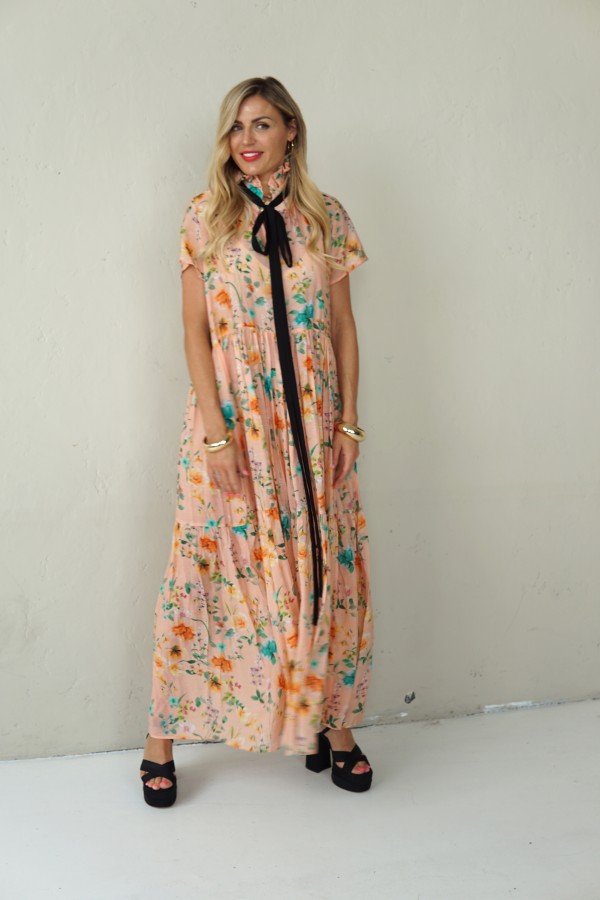 LONG FLOWING FLORAL DRESS WITH BLACK RIBBON