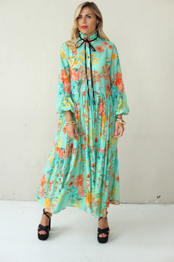 LONG BLUE FLOWING FLORAL DRESS WITH BLACK RIBBON