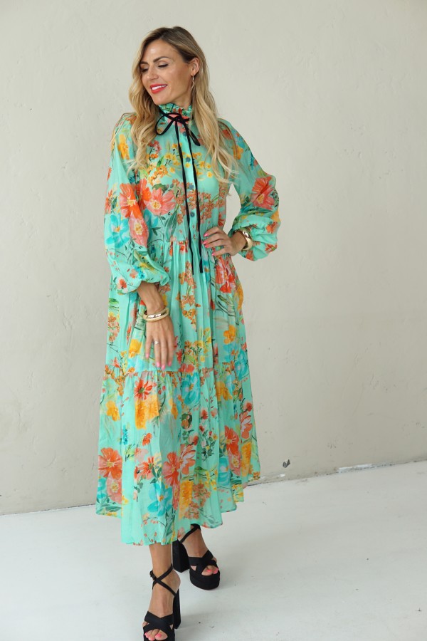 LONG BLUE FLOWING FLORAL DRESS WITH BLACK RIBBON