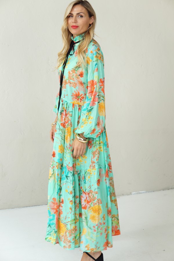 LONG BLUE FLOWING FLORAL DRESS WITH BLACK RIBBON
