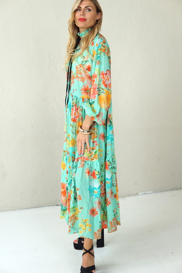 LONG BLUE FLOWING FLORAL DRESS WITH BLACK RIBBON