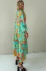 LONG BLUE FLOWING FLORAL DRESS WITH BLACK RIBBON