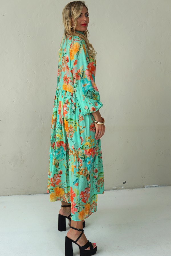 LONG BLUE FLOWING FLORAL DRESS WITH BLACK RIBBON