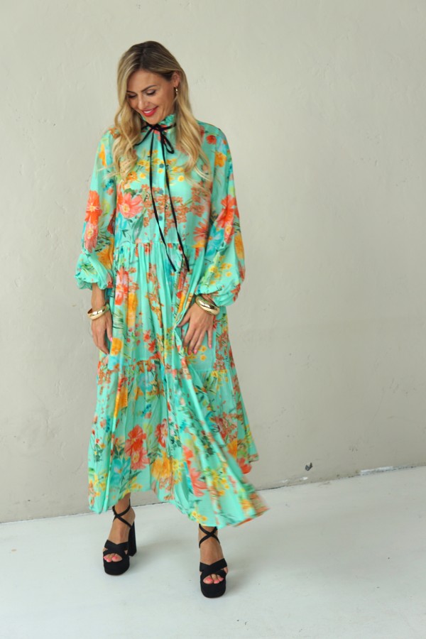 LONG BLUE FLOWING FLORAL DRESS WITH BLACK RIBBON