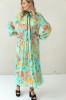 LONG BLUE FLOWING FLORAL DRESS WITH BLACK RIBBON