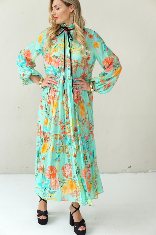 LONG BLUE FLOWING FLORAL DRESS WITH BLACK RIBBON