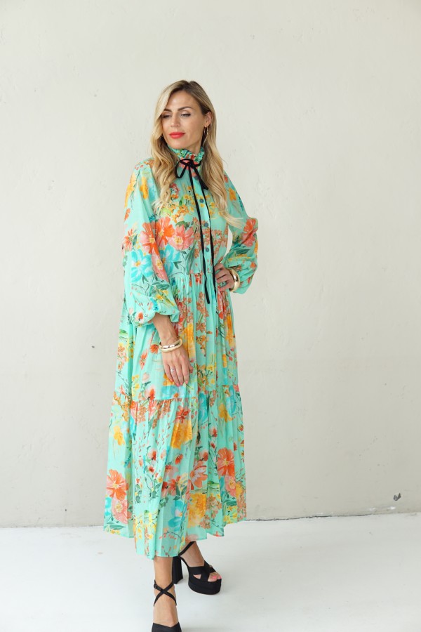 LONG BLUE FLOWING FLORAL DRESS WITH BLACK RIBBON