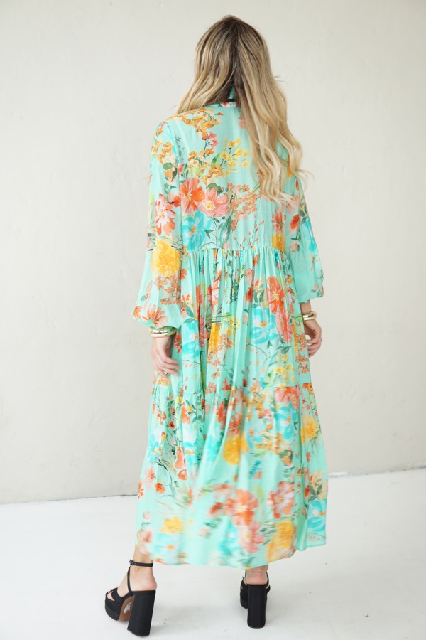 LONG BLUE FLOWING FLORAL DRESS WITH BLACK RIBBON