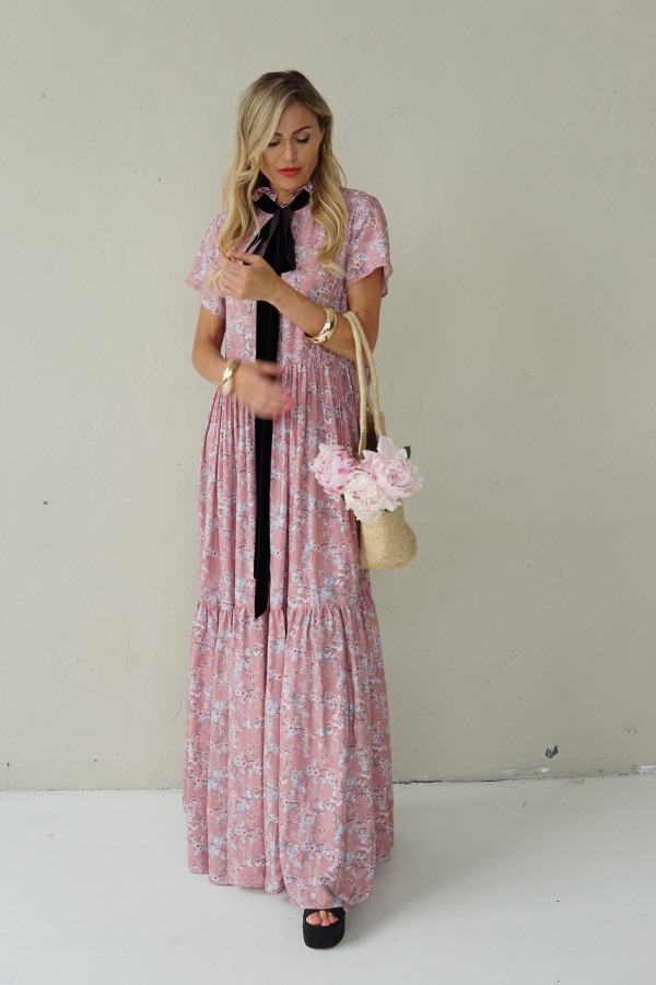 Long viscose floral dress with velvet belt