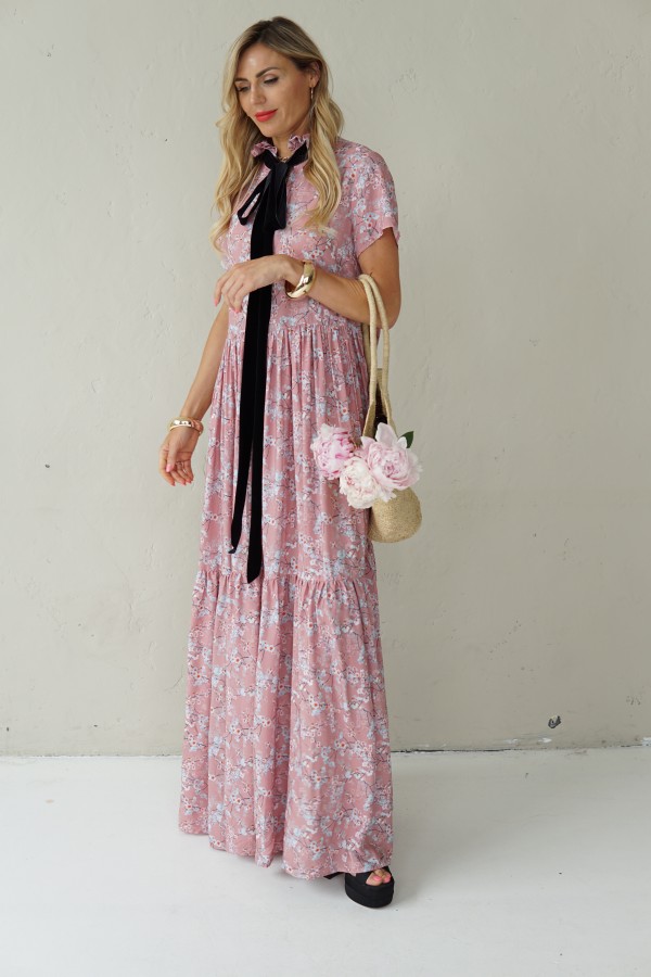 Long viscose floral dress with velvet belt
