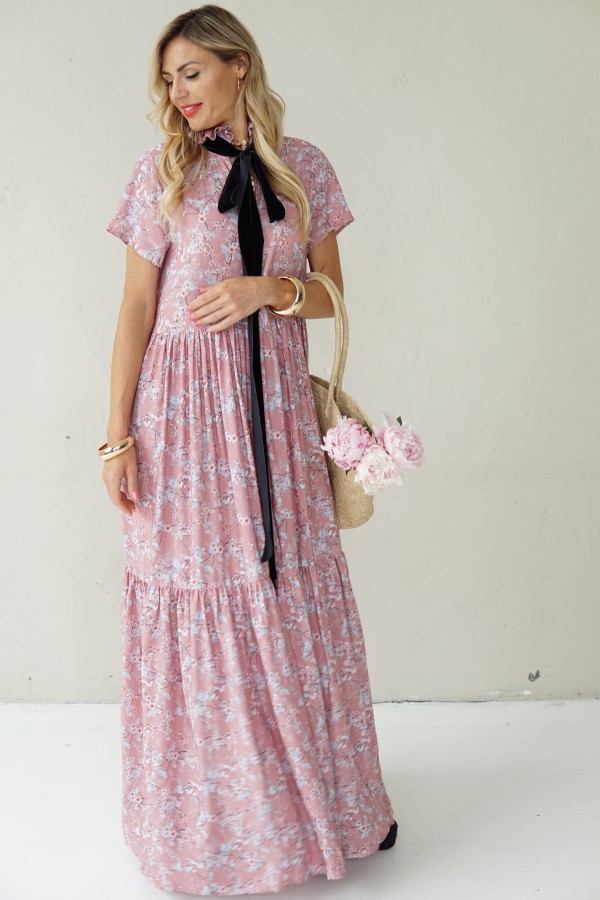 Long viscose floral dress with velvet belt