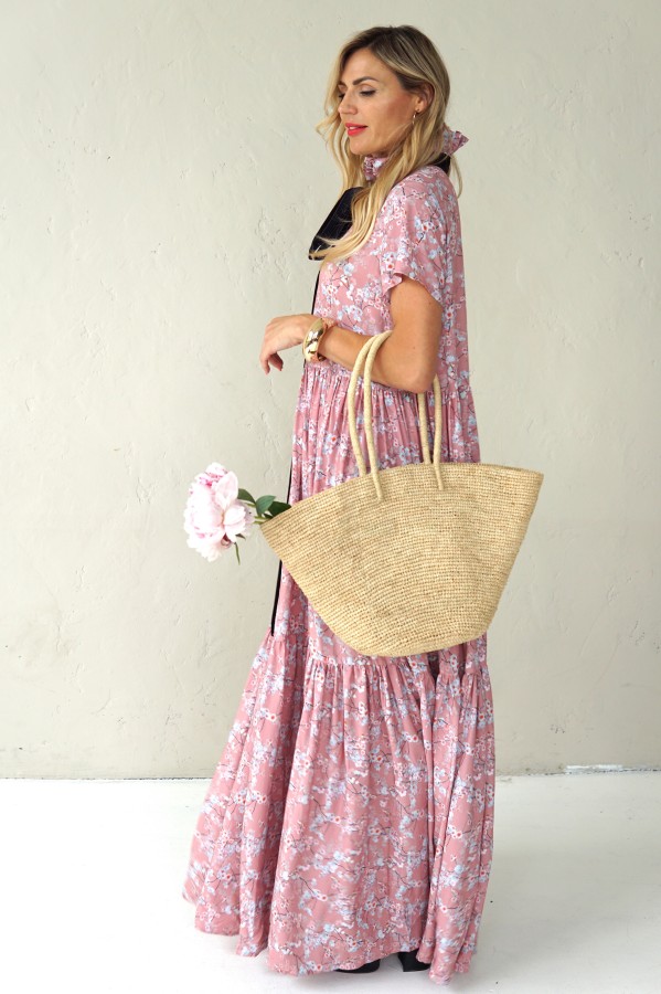 Long viscose floral dress with velvet belt