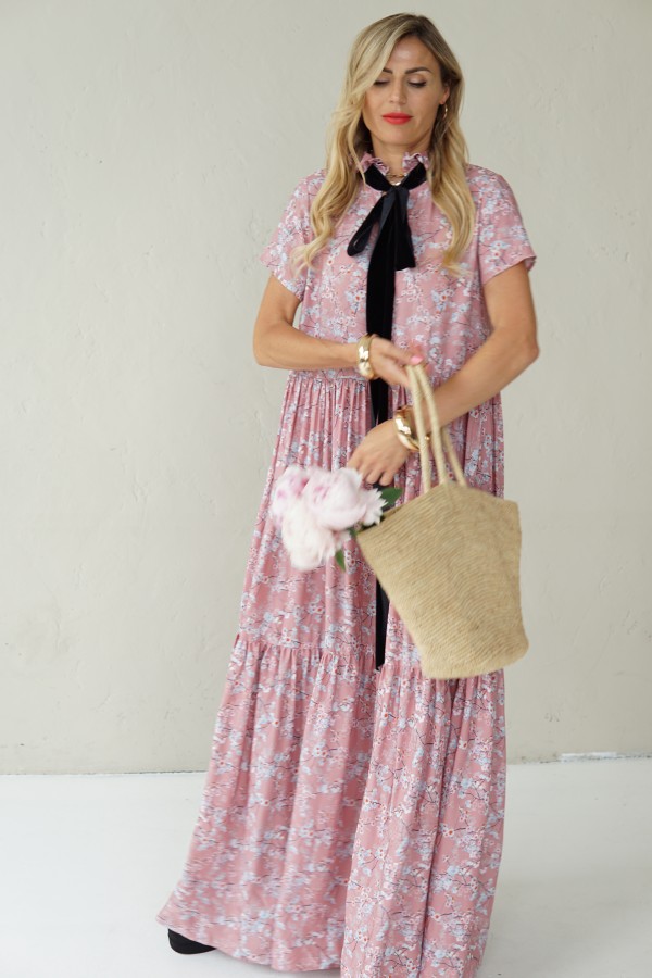 Long viscose floral dress with velvet belt