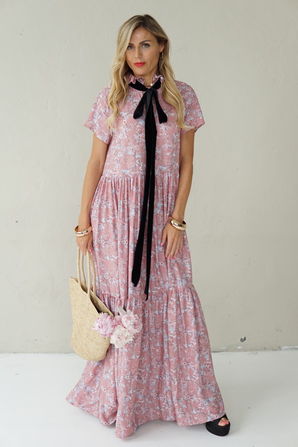 Long viscose floral dress with velvet belt