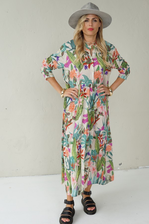 LONG, LIGHTLY FALLING VISCOSE FLORAL DRESS
