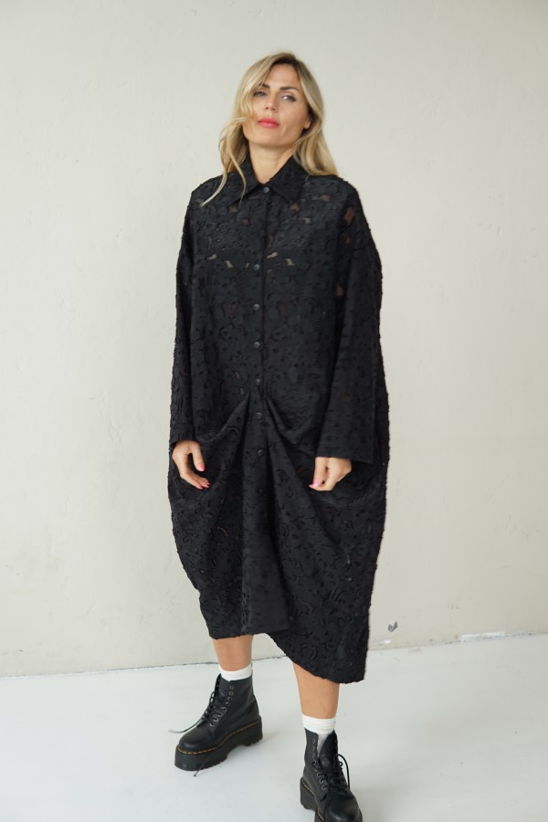 BLACK LONG JACQUARD SHIRT WITH FRONT PLEAT