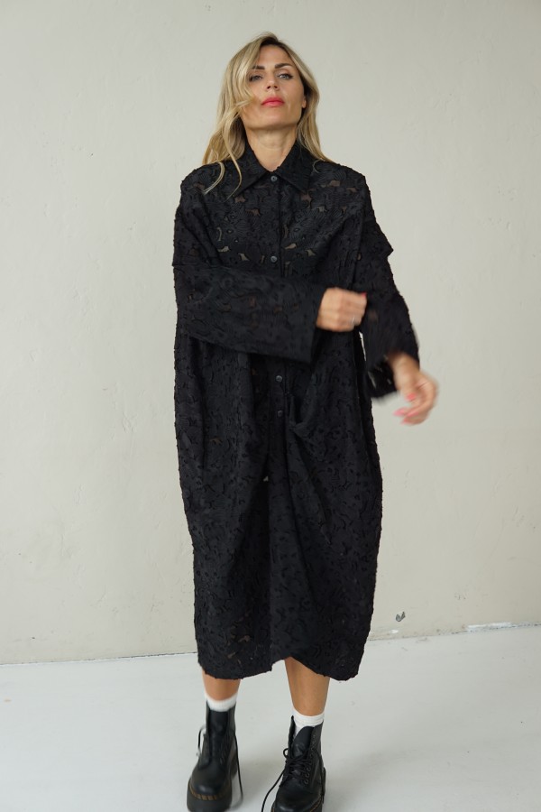 BLACK LONG JACQUARD SHIRT WITH FRONT PLEAT