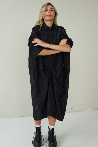 BLACK LONG JACQUARD SHIRT WITH FRONT PLEAT